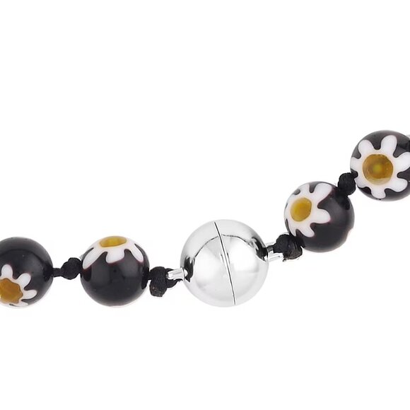 Black Color Murano Style Beaded Necklace 20 Inches Magnetic Lock in Silvertone - Picture 3 of 5